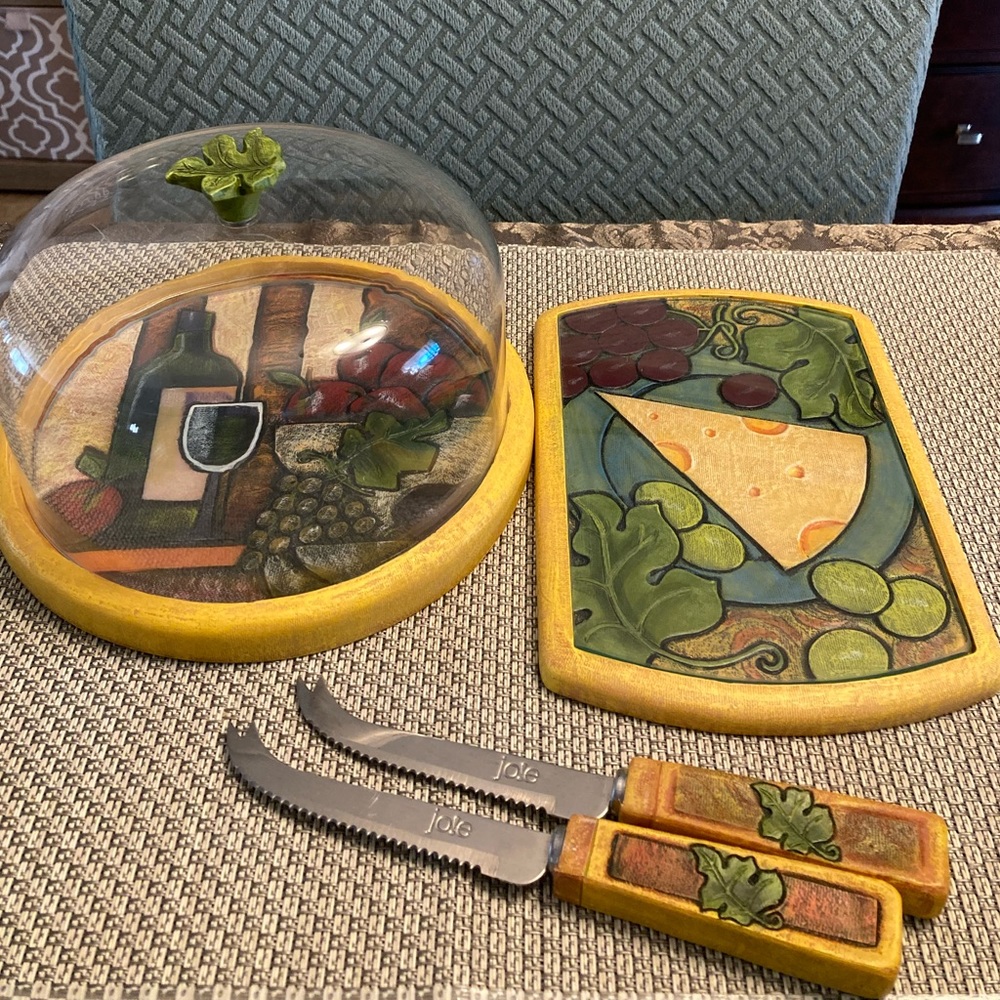Set of Rustic Cheese Serving Dish/Tray/Cutting Board and Dome With Knifes